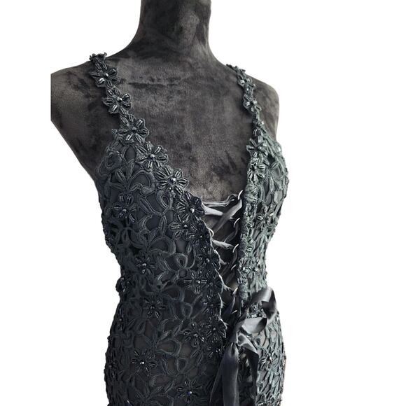 Claudia Arce Haute Couture M Black Lace Silk Sequins Sheer Beaded Dress - Picture 2 of 12